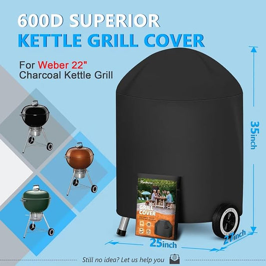 HomWanna Kettle Grill Cover 22 Inch - Superior Charcoal Grill Cover for Weber Kettle Grill - 600D Outdoor BBQ Covers for Weber 22 Inch Original Kettle Grill, Master Touch Charcoal Grill and More