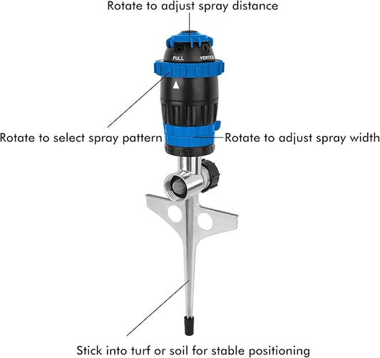 [2 Pack] RESTMO Gear Drive Sprinkler with Metal Spike Base, 5-Pattern Heavy Duty Gardening Watering System, Multi-Adjustable Lawn Sprinkle for Garden Plant, Flower Bed and Large Yard Area, Blue