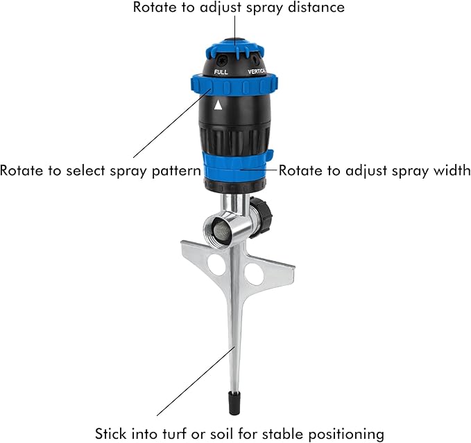 RESTMO Gear Drive Sprinkler with Metal Spike Base, 5-Pattern Heavy Duty Gardening Watering System, Multi-Adjustable Lawn Sprinkle for Garden Plant, Flower Bed and Large Yard Area Watering, Blue
