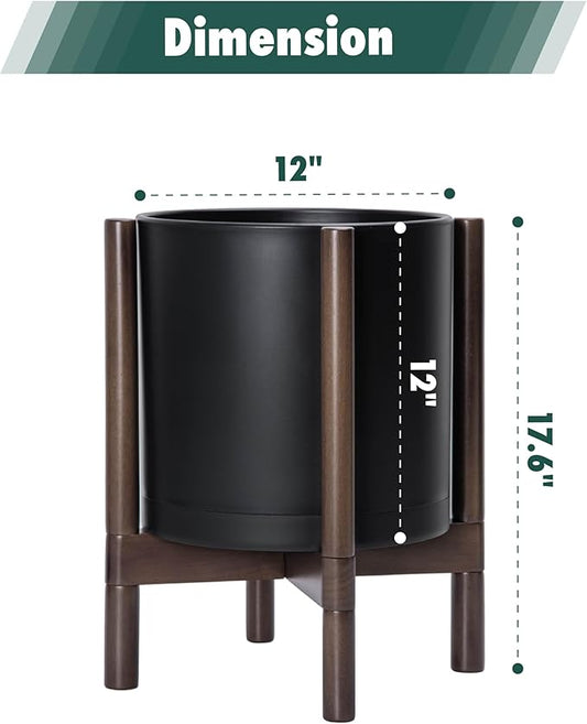 D'vine Dev Planter Pot with Stand - 12 Inch Plastic Cylinder Flower Pot with Wood Planter Holder for Indoor, Matte Black Pot + Walnut Color Stand, 55-C-O-2