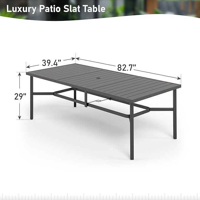 MFSTUDIO 9 Pieces Outdoor Patio Dining Furniture Set for 8,1 Large Rectangle Metal Table with 1.7'' Umbrella Hole and 8 Wicker Sofa Chairs with Navy Cushions, Outdoor Table and Chairs Dining Set for 8