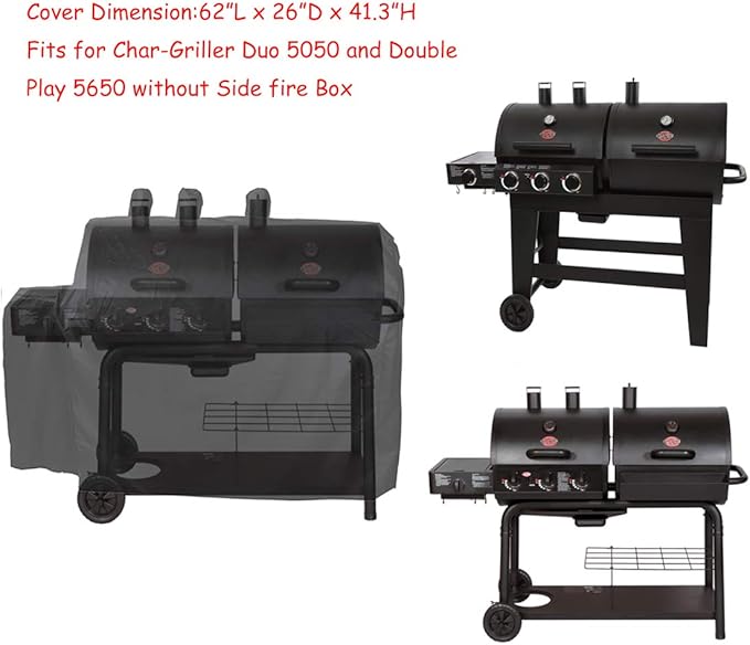 Heavy Duty Waterproof Grill Cover for Char-Griller Duo 5050/5650 Gas and Charcoal Dual Fuel Grill Without Side Fire Box, Black
