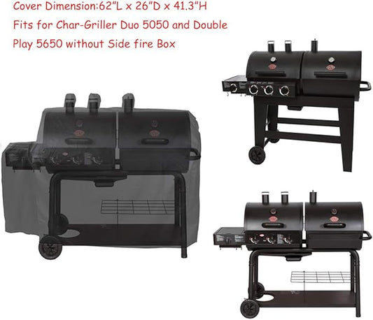 Heavy Duty Waterproof Grill Cover for Char-Griller Duo 5050/5650 Gas and Charcoal Dual Fuel Grill Without Side Fire Box, Black