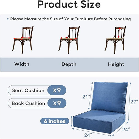 6" Thicker Outdoor Chair Cushion 9 Sets - 24" *24" *6" Waterproof Patio Furniture Cushions with Removable Cover, 28D High Density Sponge Filling Thicken Outdoor Patio Cushions - Blue