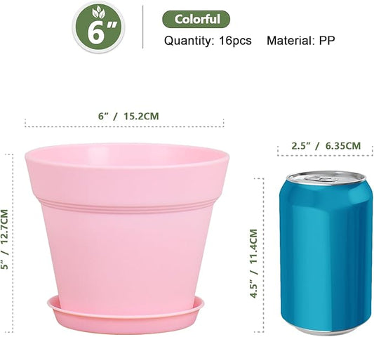 6 inch Plastic Nursery Pots, 16 Pack Plant Pots for Indoor Outdoor Plants, Flower Pots with Drainage Holes and Saucers, Decorative Seedling Starter Planters for House Plants, Colorful