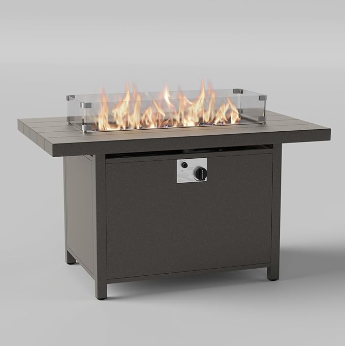 43" All Aluminum Outdoor Propane Gas Fire Pit Table with Rectangle Fire Pit Lid,55000 BTU Auto-Ignition Table Fire Pit w/Glass Wind Guard, Glass Rock for Outdoor,ETL Certified