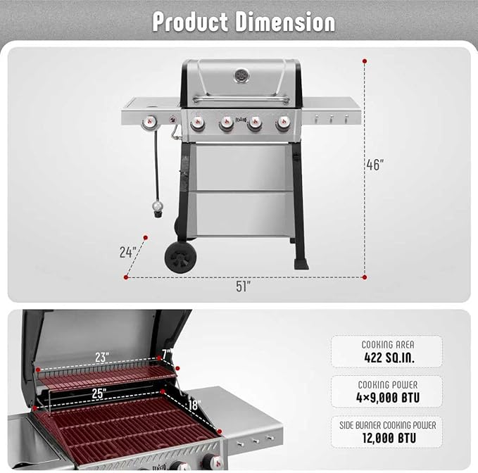 4+1 Burner Gas Grill, All Stainless Steel Outdoor BBQ Grill with Enameled Coated Chamber Body, 48,000 BTU Garden Barbecue Grill with Porcelain-Enameled Cast lron Grates, Grill Cover Included