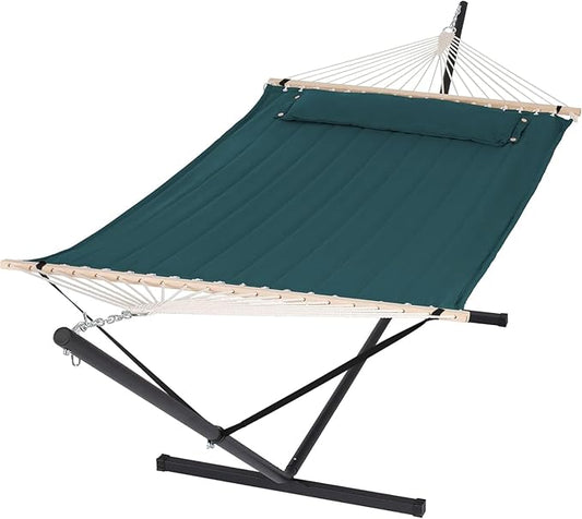 SUNCREAT Hammocks Extra Large Double Hammock with 12 ft Stand for Outside, 475lbs Capacity, Outdoor Portable Hammock with Hardwood Spreader Bar, Extra Large Pillow, Dark Green