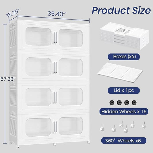 800QT Large Stackable Storage Bins with Lid, 200Gal Plastic Collapsible Closet Organizers Drawers Box with Wheels, Folding Cabinet Containers with Doors for Home Kitchen Office, 4Pack White