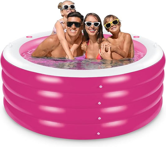 Inflatable Pool with Seating,Four-Tier 72” x 27”Inflatable Swimming Pool with Drink Holder Handles, Summer Family Water Park,Backyard Family Pool, Garden (Pink)