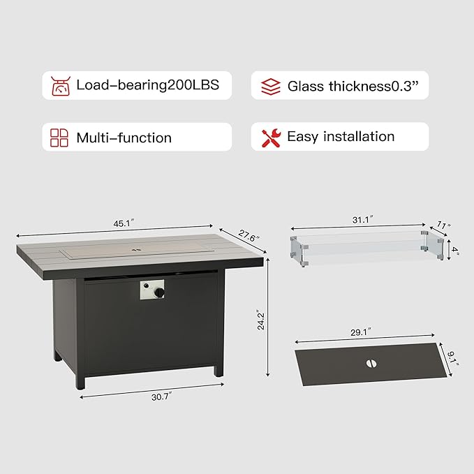 43" All Aluminum Outdoor Propane Gas Fire Pit Table with Rectangle Fire Pit Lid,55000 BTU Auto-Ignition Table Fire Pit w/Glass Wind Guard, Glass Rock for Outdoor,ETL Certified