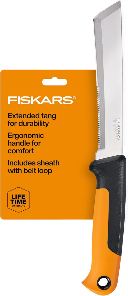 Fiskars Harvesting Knife, Gardening Gifts for Women, Serrated Edge Hand Tool with Sheath, Orange/Black