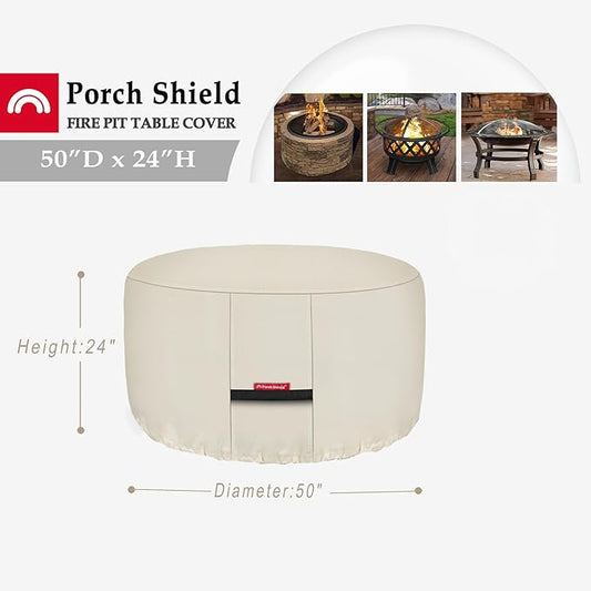 Porch Shield Fire Pit Cover - Waterproof 600D Heavy Duty Fade Resistant Round Patio Fire Bowl Cover Beige - 50 inch