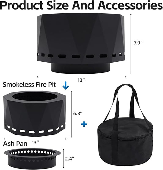 Smokeless Fire Pit Outdoor- 13 Inch Low Smoke Metal Fire Pits & Fireplaces for Outside with Carry Bag, Smokeless Wood Stove for Camping, Patio, Backyard, Garden, Picnic-S