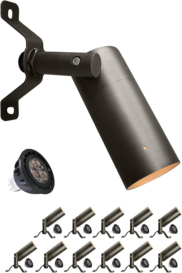 MALORY Brass Landscape Spot Down Light, Low Voltage Led Downlights Tree Light Outdoor Landscape Lighting for Yard, Garden, Lawn, Wall, Patio with 5W MR16 LED Bulb 2700K Warm White（12 Pack）