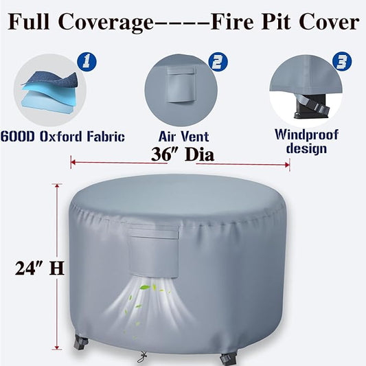 Chinchilla Heavy Duty 36 Inch Round Fire Pit Cover - 100% Waterproof & Weatherproof, Durable All-Season Protection for 33/34/35/36 Inch Propane Fire Pits and Tables