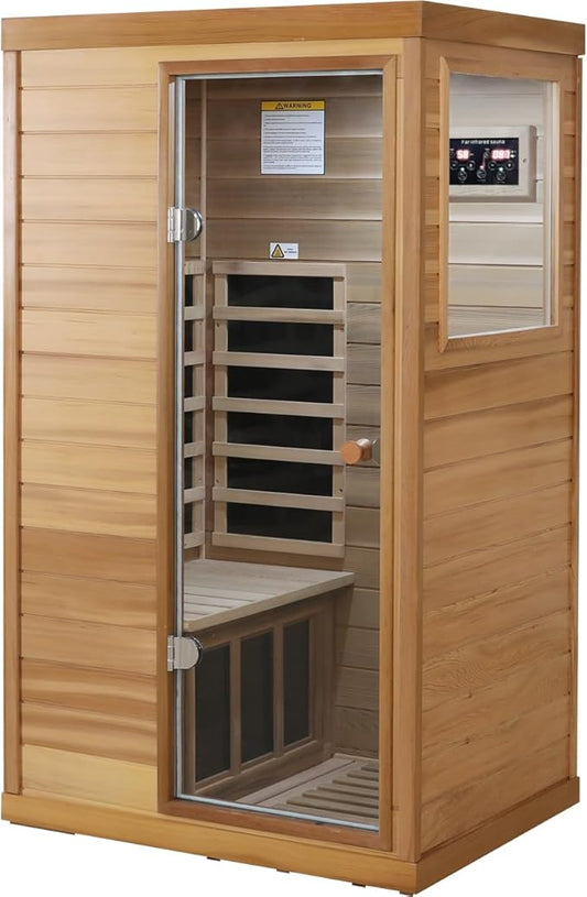 LTCCDSS Infrared Sauna, Red Cedar Far Infrared Sauna for Home with 1050W, Wood Sauna 1 Person with 6 Low EMF Heaters, 2 Bluetooth Speakers, 1 LED Lamp Right Door