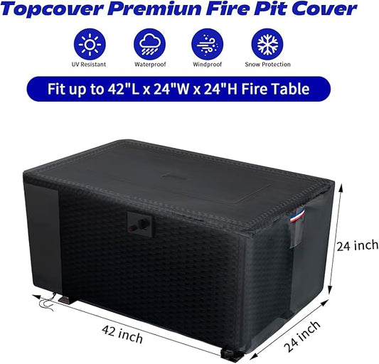 Fire Pit Cover Rectangular,600D Heavy Duty Table Cover Fits for 40-42 Inch Propane Gas Fire Pits and Outdoor Patio Furniture,Waterproof Windproof Rectangle Firepit Cover- 42"L x 24"W x 24"H
