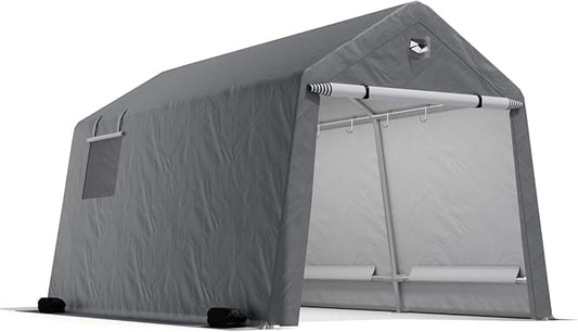 7x12 FT Outdoor Storage Shed, Portable Outdoor Storage Shelter with Roll Up Zipper Door and Vent Windows, Silver Grey