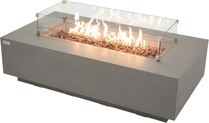 AMS Creations | Madison 60" Bundle Rectangular Natural Gas Outdoor Fire Pit Table | Light Gray Concrete GFRC | Smooth Texture or Surface | Electronic Ignition | Outside Backyard Fireplace