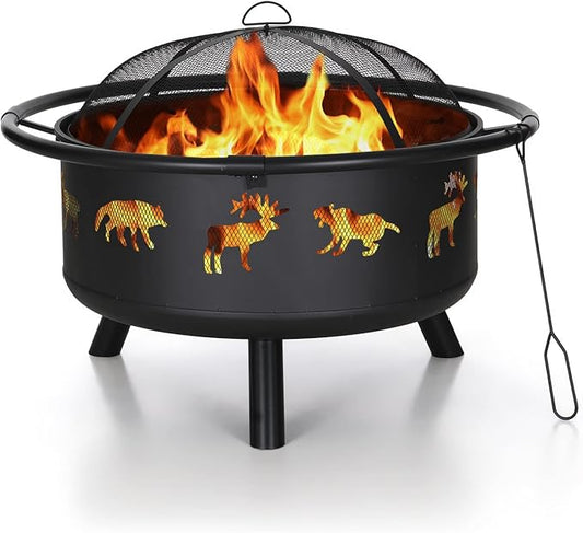 PHI VILLA 36" Outdoor Wood Burning Firepit, Large Patio Deep Bowl Steel Fire Pits with Animal Cutouts Pattern, Poker & Spark Screen