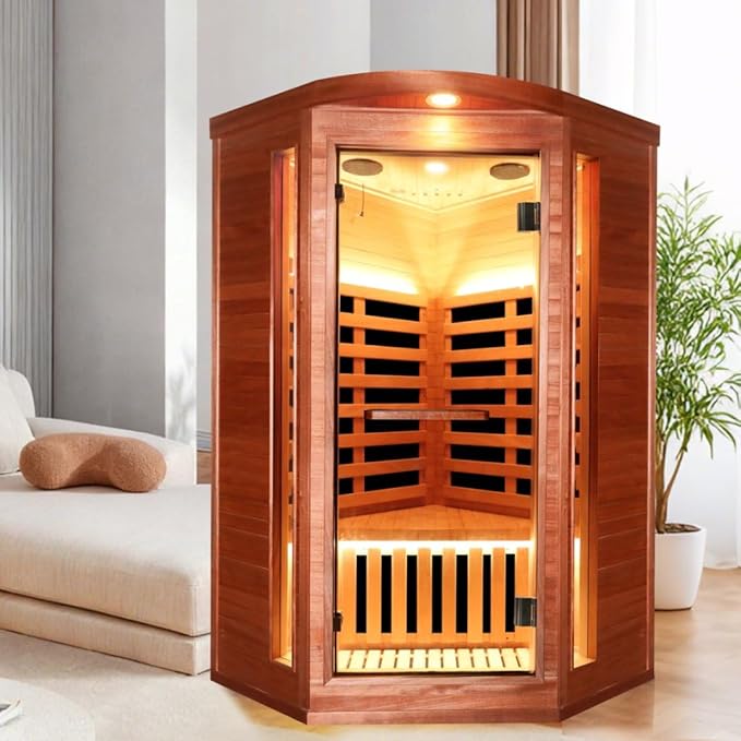 RIGO Pentagonal Single-Person Infrared Sauna Room – 1300W far-Infrared Heating, Made of Okoume Wood, Home Sauna, Equipped with Colorful LED Lighting and Bluetooth Speaker, 37.4 * 37.4 * 71 inches