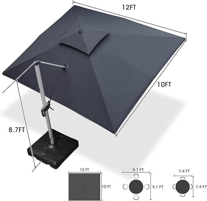 PURPLE LEAF 10 X 12 FT Cantilever Patio Umbrellas with Base Included, Large Square Offset Umbrella with 360° Rotation, Outdoor Aluminum Pool Umbrella for Pool Lawn Garden, Grey