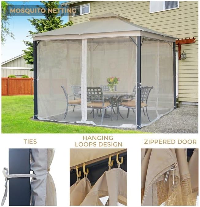 Outdoor Patio Gazebo 10x10, Heavy Duty Gazebos, Soft Top Gazebo with Metal Frame, Double Roof Canopy, Mosquito Nets, Permanent Pavilion for Decks & Backyards
