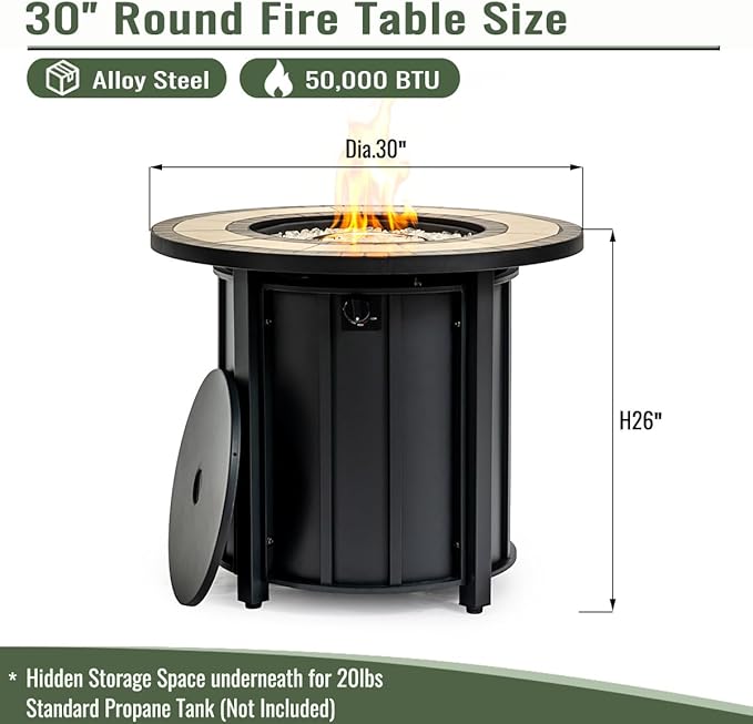 Propane Fire Pit Table, 30" Firepits for Outside, Gas Fire Pit for Outside Patio, Propane Fire Table with Ceramic Tabletop for Patio, Pool, Tank Inside, Tank Not Included, 50000BTU, Black