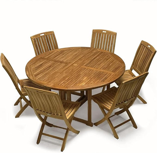 7 Piece Indoneisan Grade A Teak Outdoor Folding Dining Set. Patio Dining Set with One 59" Round Folding Round Table and 6 Folding Side Chairs