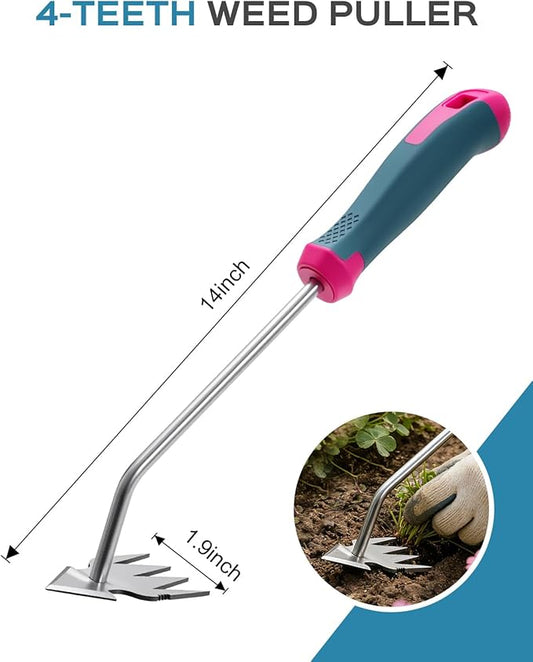 Weed Puller Tool, Upgraded 4 Teeth Hand Weeder Tool with Ergonomic Handle, Heavy-Duty Stainless Steel Weed Remover for Garden, Lawn, Yard, Flower Bed & Vegetable Planting