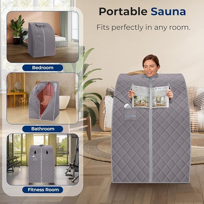 SereneLife Portable Sauna Box for Home, Infrared Sauna Tent with Heated Foot Pad and Folding Chair, Remote Control In-Home Spa, 38" x 32”