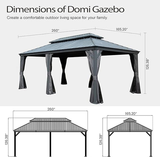 Domi 14x22FT Outdoor Gazebo, Hardtop Gazebo with Galvanized Steel Double Roof, Metal Gazebos with Drainage System Patio Pergola for Patio Deck Backyard,Curtain and Netting,Gray