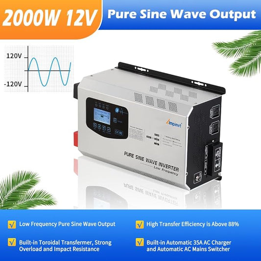 Ampinvt 2000W Peak 6000W Pure Sine Wave Power Inverter Charger DC 12V to 120V AC Output Converter with LCD Display, Off Grid Low-Frequency Inverter for Sealed Gel AGM Flooded Lithium Battery Charger