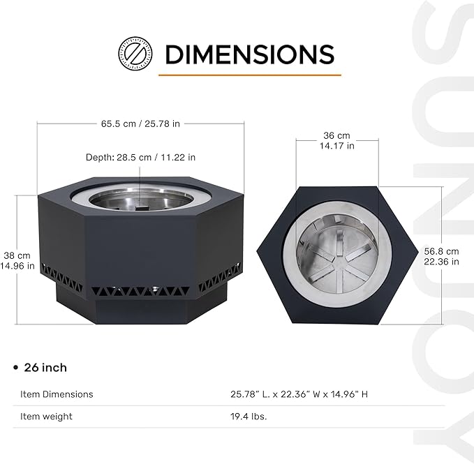 Sunjoy Fire Pit Smokeless 26 in. Hexagonal Outdoor Fire Pit, Patio Wood Burning Smokeless Firepit w/PVC Cover and Fire Poker, Ideal for Camping, Bonfire, and Backyard, Black