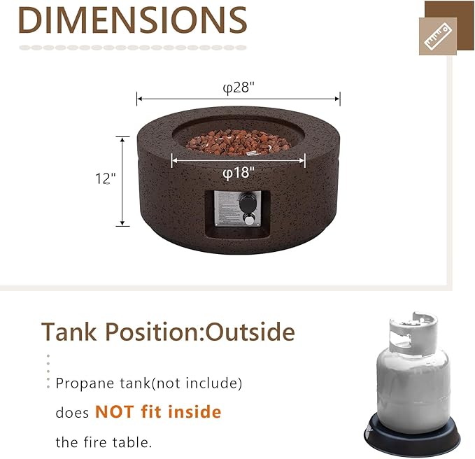 SUNBURY Outdoor Fire Pit, 28 inches Round Propane Gas Patio Fire Table 40,000 BTU Concrete Travertine Design, Circular Base Small Firepit with Lava Rocks, Waterproof Cover (Dark Brown)