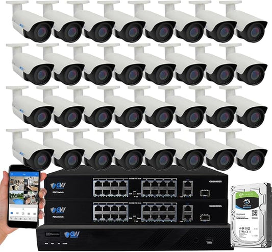 GW Security 32 Channel 4K NVR 8MP AI Human Detection Starlight Color Night Vision Security Camera System with 32 UHD 4K 2160P Microphone PoE Outdoor/Indoor Weatherproof IP Security Bullet Cameras