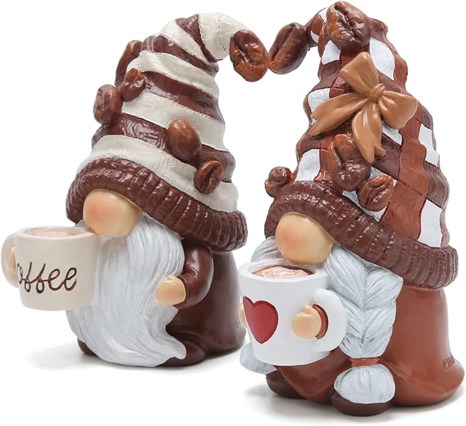 Hodao 2PCS Coffee Gnomes Figurines - Swedish Tomte Elf Dwarf Decor for Bar, Home, Gifts, Holiday Coffee Corner Decoration, Cute Christmas Farmhouse Tiered Tray Ornament for Kitchen Display