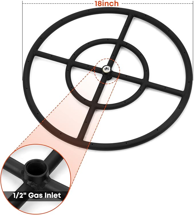 Stanbroil Natural Gas Fire Pit Burner Ring Installation Kit, Black Steel, 18-inch