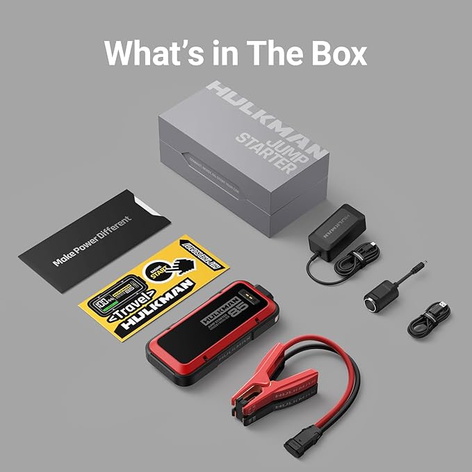 Hulkman Alpha85,Carmine Red,2000A 74Wh Car Jump Starter, Includes 65W Quick Charger,12V Portable Car Battery Jump Starter,Backup Power Bank,LED Display,Jumper Cables for up to 8.5L Gas/6.0L Diesel