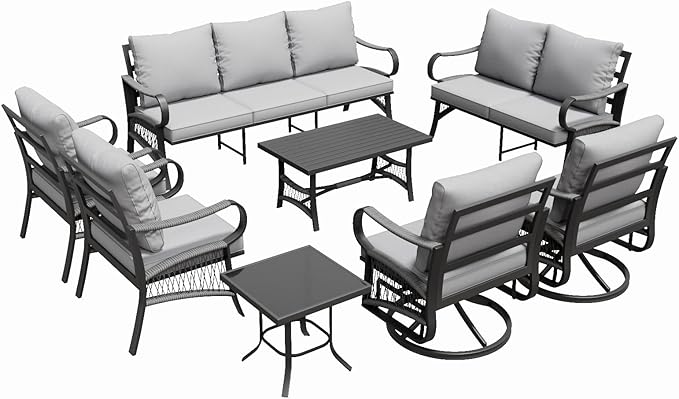 8 Piece Patio Furniture Set, 9 Seat Metal Outdoor Sectional Sofa Set with 2 Swivel Chairs, Patio Conversation Set with Thick Cushions and Coffee Table for Garden, Porch, Lawn, Grey
