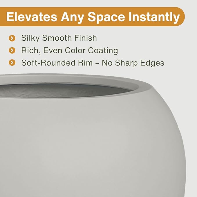9.7"H x 12"D Globo Fiberstone Round Planter - Christmas Tree Planter, Smooth Finishes, Weather Resistant for Indoor & Outdoor Use, Included 2 Extra Coco Mats (Light Gray, 7.8" Pot Opening)