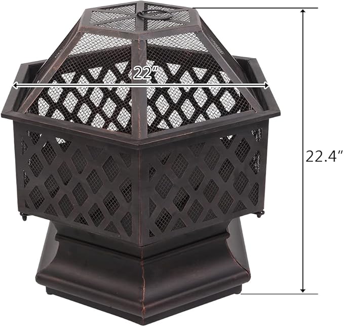 Outdoor Hex-Shaped Fire Pit, Portable Wood Burning Firepit for Outside, 22 Inch Metal Bonfire Fire Pits with Mesh Lid and Poker for Backyard Heating, Garden, Patio, Beach, Poolside, Picnic, Camping