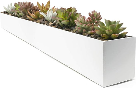 Buhbo White Rectangle Planter - Modern Steel Trough for Succulents, Indoor/Outdoor Use, 32 in, Includes Drainage Hole