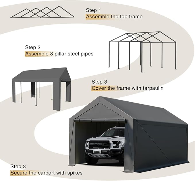 Carport Canopy 10x20 Heavy Duty, Portable Carport Garage with Removable Sidewalls and Door, Car Port with Waterproof Canopy for All Season (Gray)