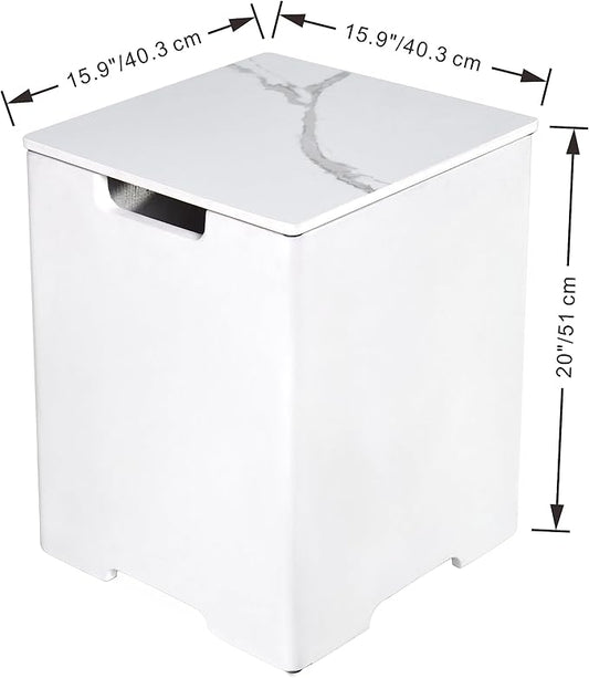 AMS Fireplace | Elementi Square White Marble Propane Tank Cover | Concrete GFRC Base | Dimensions: 15.9 × 15.9 × 20.5 inches | Perfectly Complements Bianco, Athens, and Other Fire Pit Tables