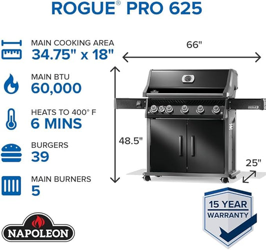 Napoleon Rogue PRO 625 Propane Gas Grill with Infrared Side Burner, Black, Durable 6-Burner Backyard Grill