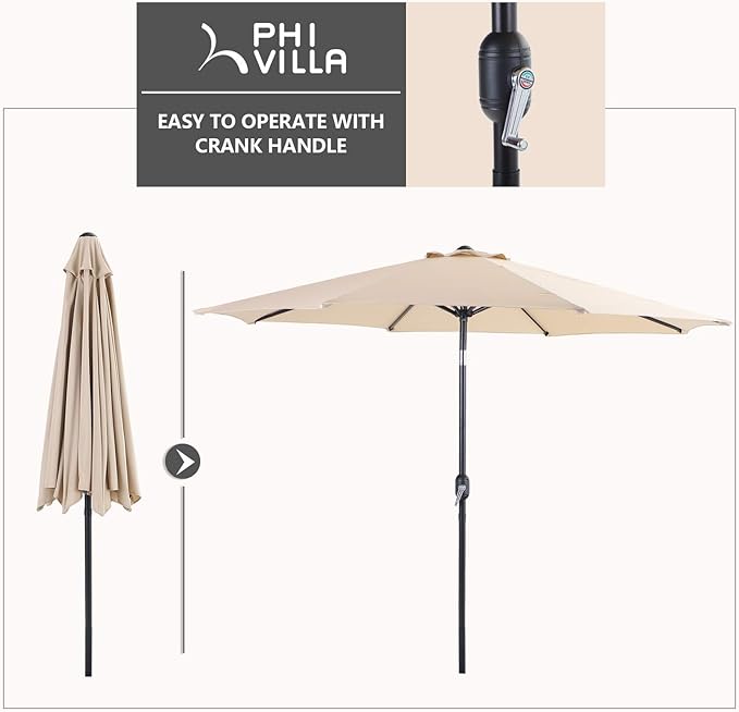 PHI VILLA 9ft Patio Umbrella Clearance, Outdoor Market Table Umbrellas with 8 Ribs and Push Button Tilt for Garden Deck & Poolside (No Base)