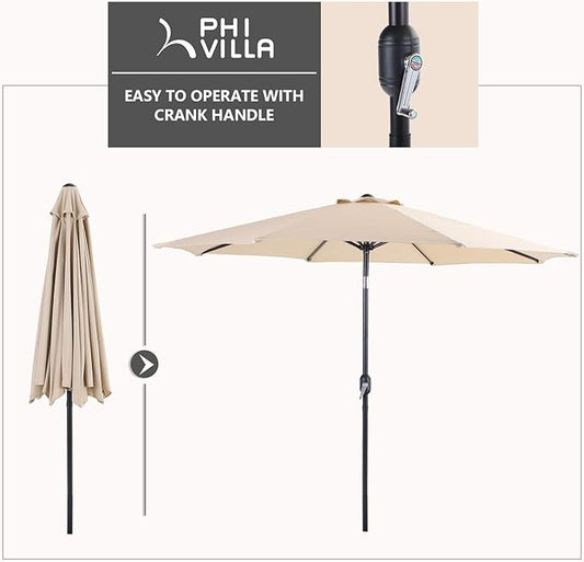 PHI VILLA 9ft Patio Umbrella Clearance, Outdoor Market Table Umbrellas with 8 Ribs and Push Button Tilt for Garden Deck & Poolside (No Base)