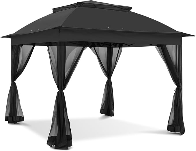 INTER HUT 11x11 Outdoor Pop up Gazebo Tent with Mesh Walls for Patio, Lawn, Backyard and Deck, Black